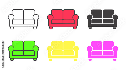 Vector art of a Colorful Two-Seater Sofa Icons:  Modern, Minimalist, Flat Design, Vector Illustration Set.