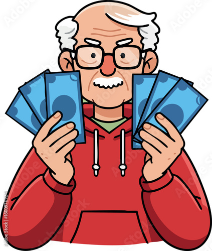 Elderly man holding blue banknotes smiling cheerful vector illustration