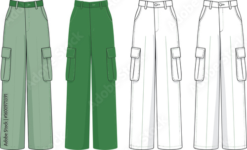 Fashionable cargo pants sketch, versatile multi-pocket design, trendy green clothing illustration, stylish streetwear concept, casual and functional fashion art