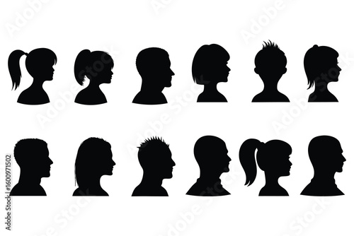 Diverse human head profiles black silhouettes heads