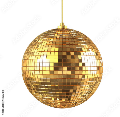 Golden disco ball shining brightly under dramatic lighting for celebratory nightclub atmosphere transparent