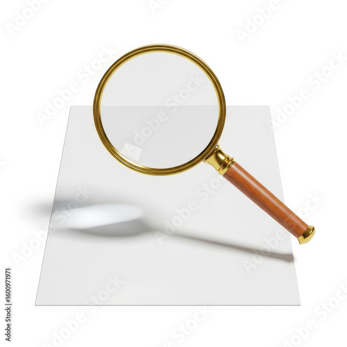 A magnifying glass is positioned over a blank sheet of paper suggesting a search