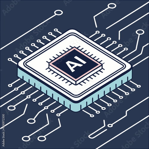 Banner with AI microchip. Tech blue background with artificial intelligence on motherboard, CPU processor or semiconductor. Light circuit board. Realistic neon vector illustration See Less