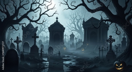 Mysterious Foggy Cemetery at Twilight with Glowing Pumpkins and Ancient Tombs
