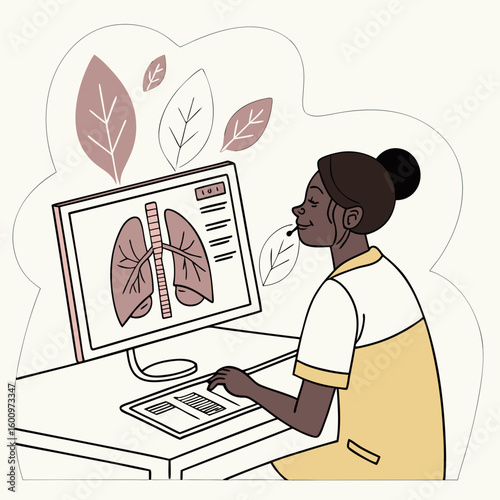 Examination of lungs online. Woman at computer looks at structure of bronchial system. Distance education and training at medical university. Healthcare and medicine. Flat vector illustration See Less