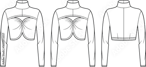 Modern long sleeve crop top fashion design, ruched front variations, high neck styles, CAD drawing flat vector illustration apparel template