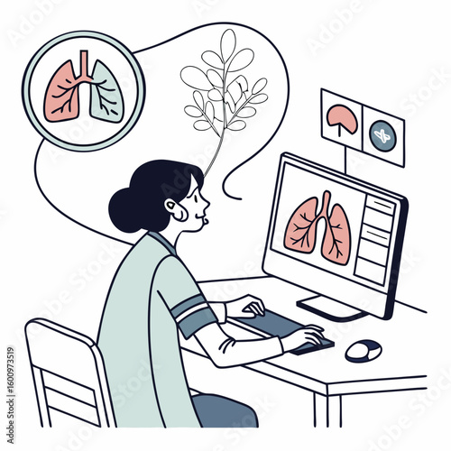 Examination of lungs online. Woman at computer looks at structure of bronchial system. Distance education and training at medical university. Healthcare and medicine. Flat vector illustration See Less