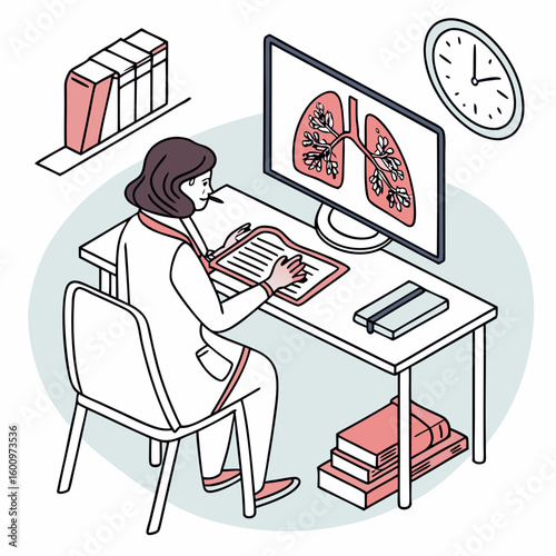 Examination of lungs online. Woman at computer looks at structure of bronchial system. Distance education and training at medical university. Healthcare and medicine. Flat vector illustration See Less
