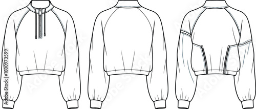 Stylish cropped jacket illustration, front and back views, modern fashion sketch, trendy outerwear template, sleeve detail, zipper design, garment reference