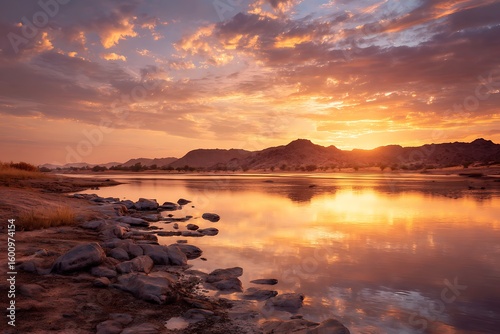 Stunning sunset over serene river reflecting vibrant colors, creating a peaceful and breathtaking landscape scene