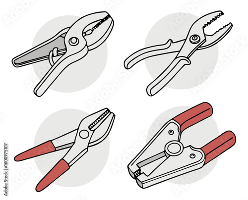 Various types of clamps in flat design with red handles and silver metal  on transparent background