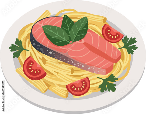Salmon Fillet with Pasta and Tomato Garnish on White Plate Vector Illustration