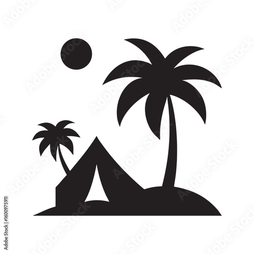 Desert tent and palm trees silhouette icon for travel and adventure themes