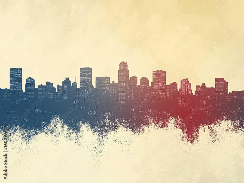 Fototapeta premium Urban city skyline with grunge texture in red, white, and blue colors