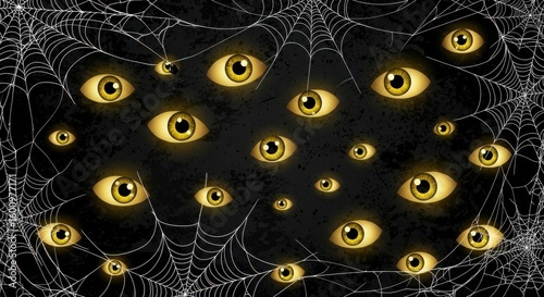 An Eerie Scene of Glowing Eyes Trapped in a Cobweb