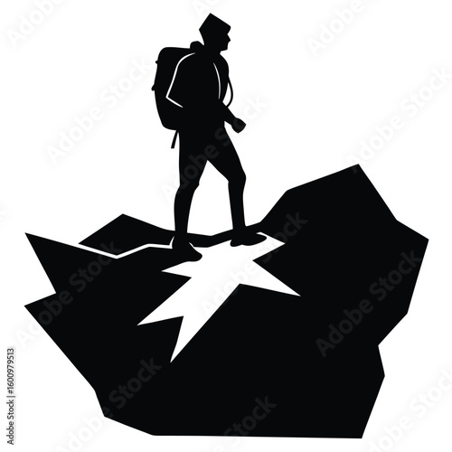 Hiker silhouette on jagged peak backpack mountain