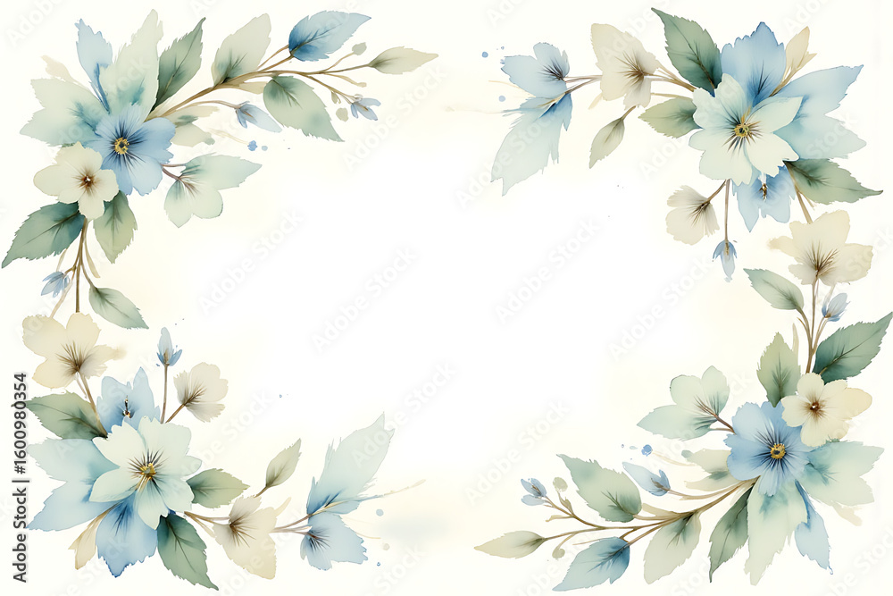 Fototapeta premium A beautiful blue and white floral border with a white background. The flowers are a mix of blue and white, creating a harmonious and elegant look. The border is made up of various types of flowers
