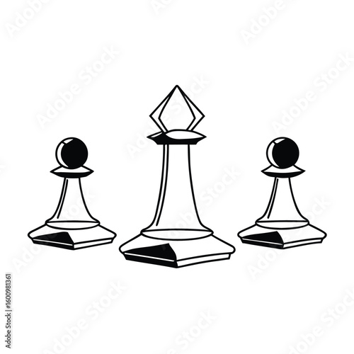 Three stylized chess pawns on a white background in black outline