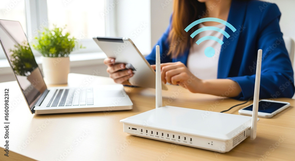 Fototapeta premium Woman using tablet near laptop and router with wifi symbol on desk in bright office setting indoors