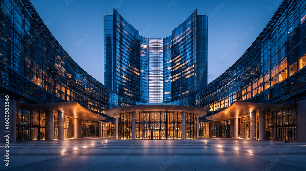 Obraz premium Modern Architecture At Night With Glass Facade And Illuminated Entrance