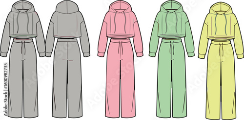 Women's Cropped Hoodie and Sweatpants Co-ord Set in Multiple Colors, Front View, Fashion Flat Sketch, Trendy Loungewear Apparel Vector for Brand Development.