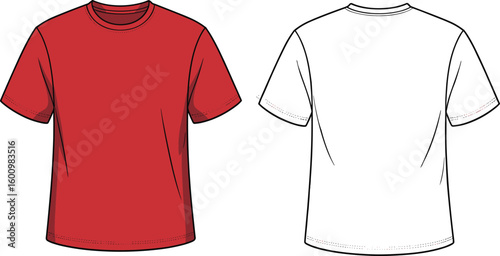 Unisex Basic Crew Neck Short Sleeve T-Shirt Design, Front Red and Back White Views, Technical Flat Sketch, Casual Apparel Template, Everyday Wear Vector for Brand Development.