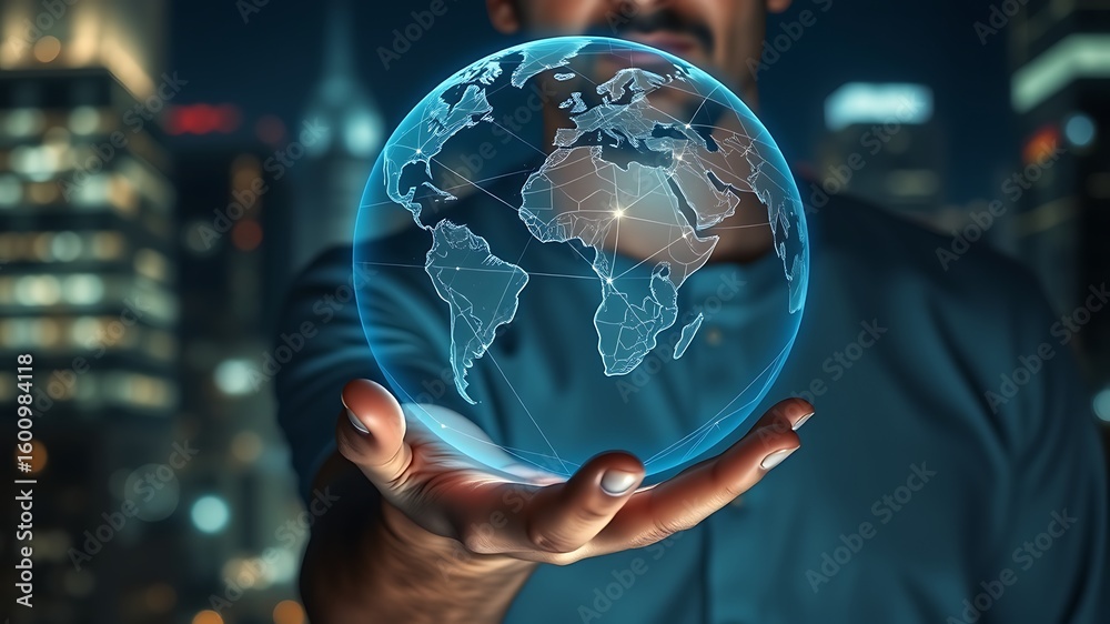 Fototapeta premium Man holding glowing digital earth with city lights globe hand