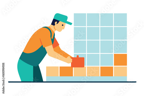 Construction worker laying tiles on a wall