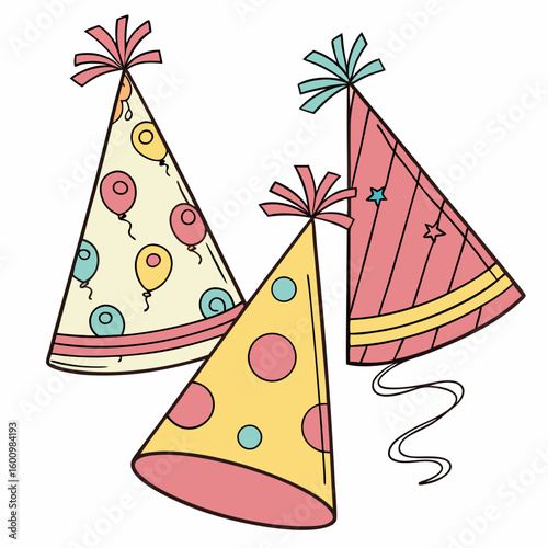 Set of Birthday party hats illustration, colored hat cones with cute decoration for party celebration