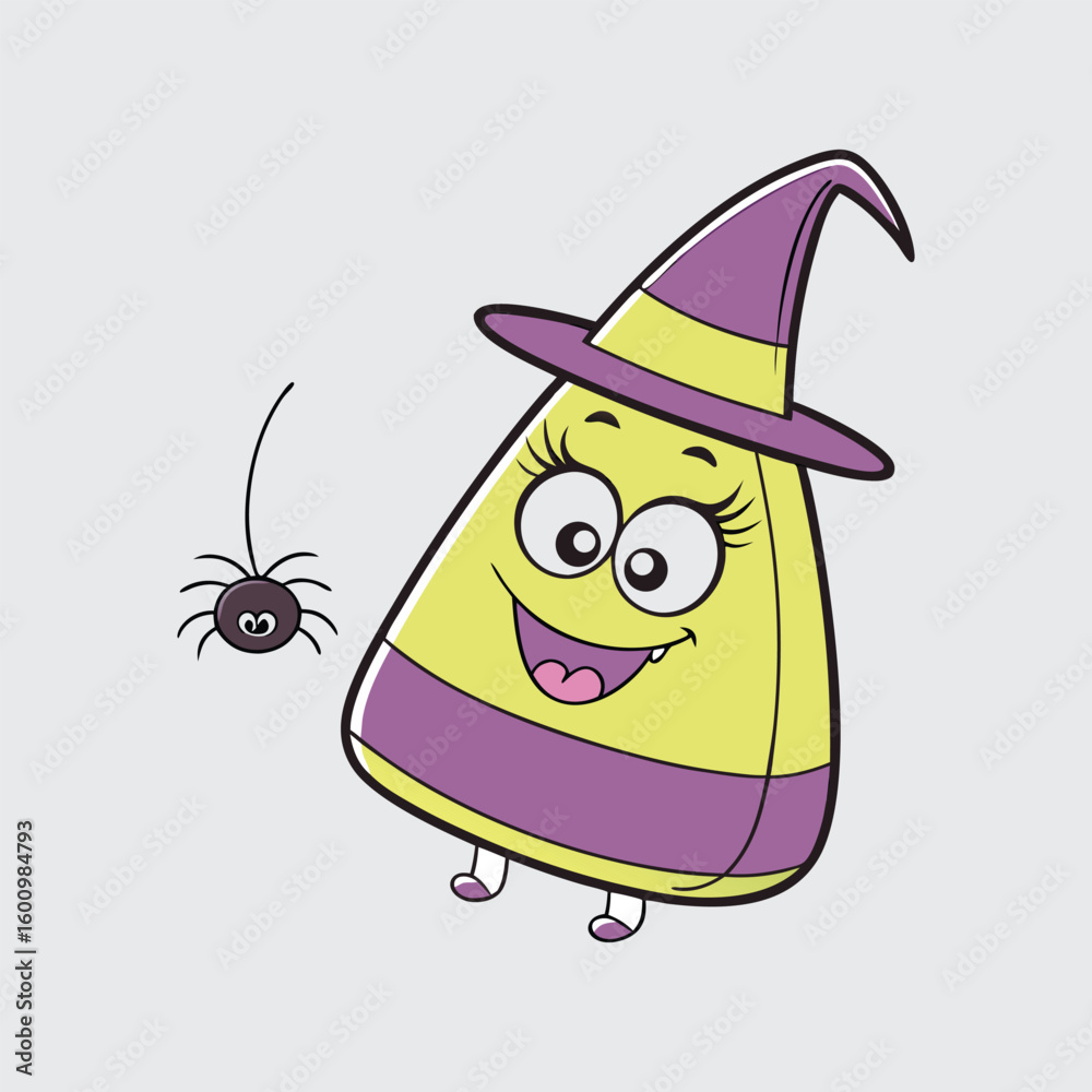 Obraz premium Happy halloween candy corn character wearing a witch hat with a spider