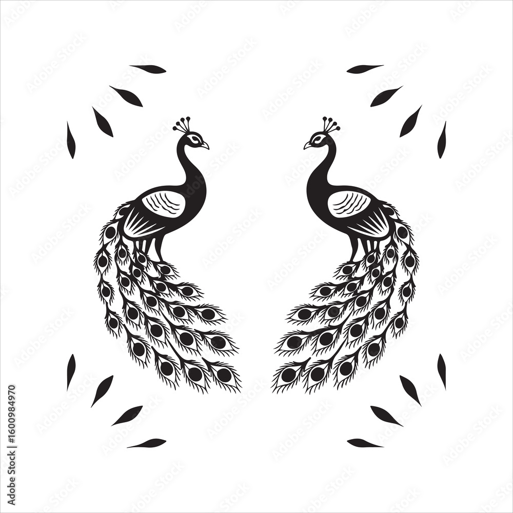 Fototapeta premium Decorative Peacock Vector Set in Black and White,Stylized Peacock Illustrations with Ornamental Feathers,Elegant Peacock Line Art Collection,Tribal Style Peacock Vector Designs,Abstract Peacock Bird