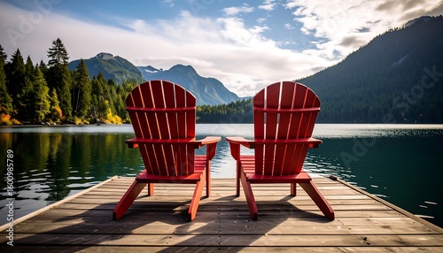 Fototapeta Naklejka Na Ścianę i Meble -  Two red Adirondack chairs on a wooden dock overlooking a serene lake and mountains (1)