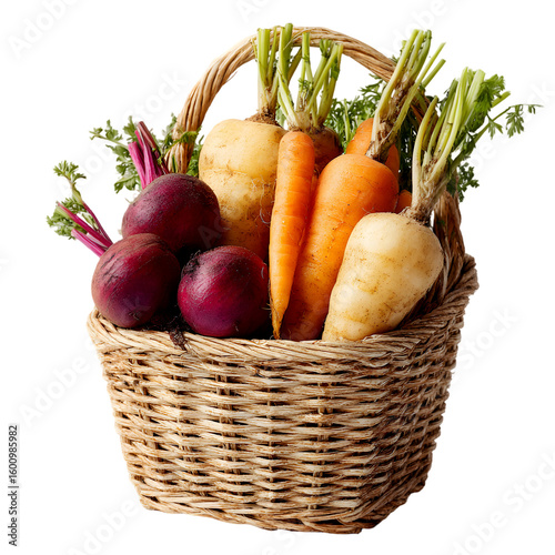 Wicker basket filled with fresh root vegetables including carrots beets and turnips isolated on transparent background