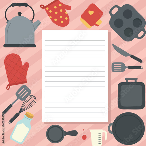 Kitchen utensils and cooking tools with blank recipe card vector illustration in red and gray colors