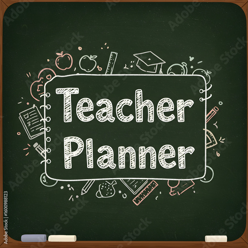Teacher planner chalkboard label. Illustrated classroom-themed divider for school organizers and digital planners