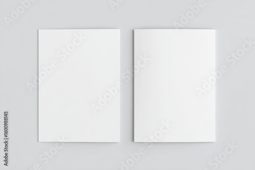 Top-down view of two blank white A4 portrait magazines or catalogs placed side by side on a smooth light gray background