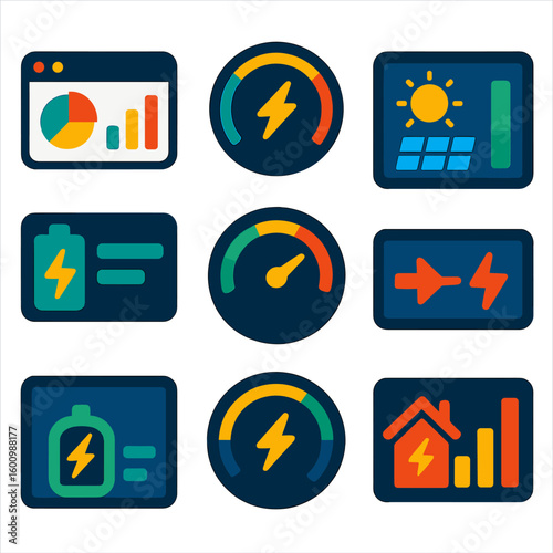 Energy Dashboard Icons. Flat vector icons of energy dashboards: analytics panel, energy usage graph, smart energy gauge. data from