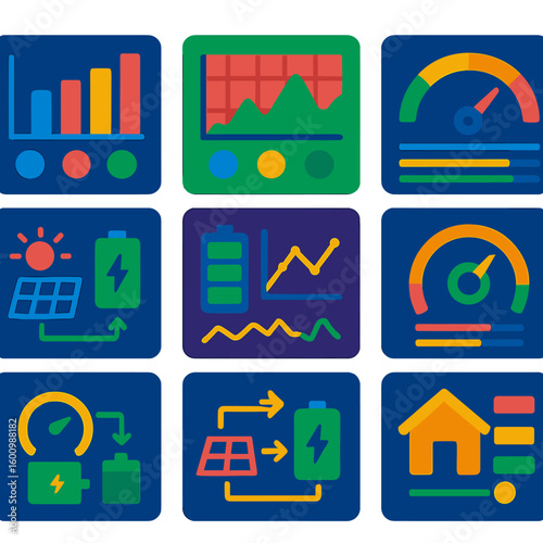 Energy Dashboard Icons. Flat vector icons of energy dashboards: analytics panel, energy usage graph, smart energy gauge. data from