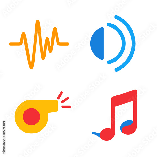 High-Frequency Signal Icons. Flat vector icons of high-frequency signals: high pitch sound wave, ultrasonic symbol, whistle sound.