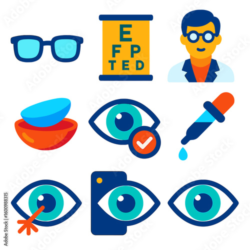 Eye Health Icons. Flat vector icons of eye health and care: eyeglasses, eye test chart, optometrist, contact lens, eye dropper,