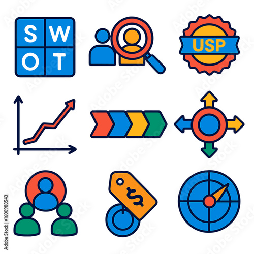 Strategic Icons Collection. Flat vector icons of competitive strategy: SWOT matrix, competitive analysis icon, unique selling