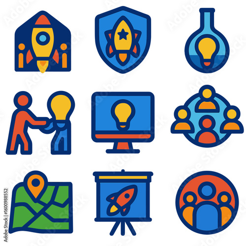 Innovation Ecosystem Icons. Flat vector icons of innovation ecosystems: startup hub icon, accelerator badge, innovation lab,