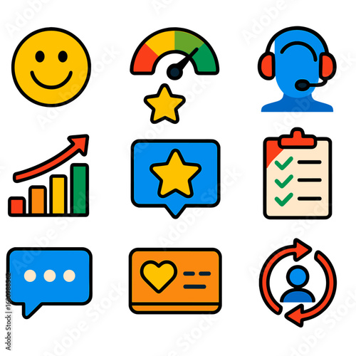 Customer Service Icons. Flat vector icons of customer experience: smiley feedback icon, NPS score gauge, customer support headset,
