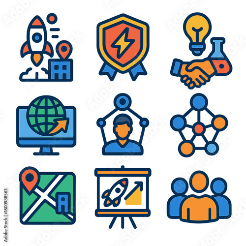 Innovation Ecosystem Icons. Flat vector icons of innovation ecosystems: startup hub icon, accelerator badge, innovation lab,