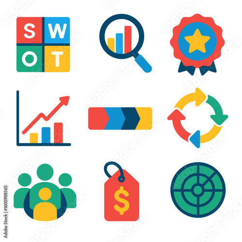 Strategic Icons Collection. Flat vector icons of competitive strategy: SWOT matrix, competitive analysis icon, unique selling