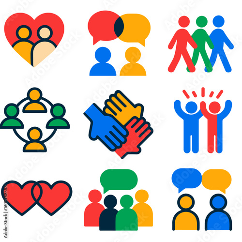 Vibrant Social Icons. Flat vector icons of social well-being: heart with people, friendly chat, group walk icon, support network,
