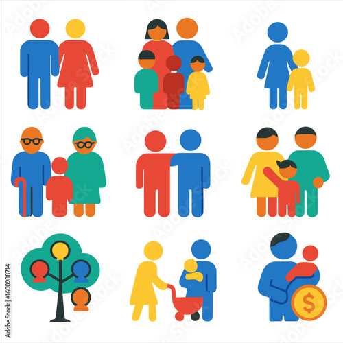 Modern Family Icons. Flat vector icons of family structure: nuclear family, extended family icon, single parent, grandparents with