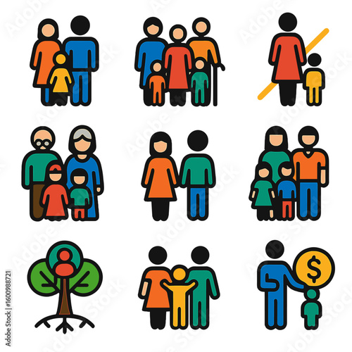 Modern Family Icons. Flat vector icons of family structure: nuclear family, extended family icon, single parent, grandparents with