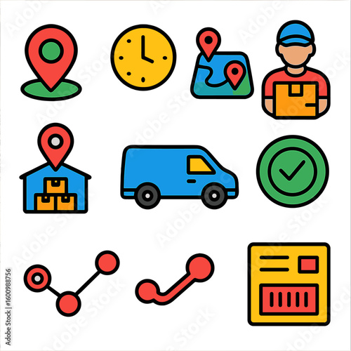 Vibrant Delivery Icons. Flat vector icons of delivery tracking and logistics: real-time location, ETA clock, map route icon,