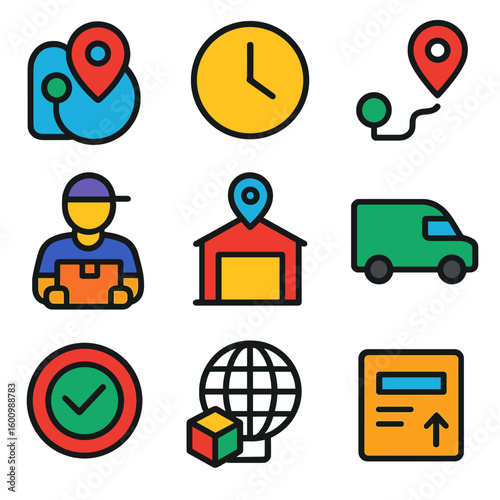 Vibrant Delivery Icons. Flat vector icons of delivery tracking and logistics: real-time location, ETA clock, map route icon,